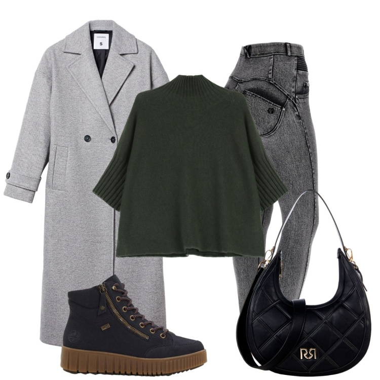 Outfit donna - Toni di grigio e verde. Stile Basic per Tutti i giorni. Abbinamento con sneakers alte, cappotti, borse a tracolla, maglieria, jeans skinny.
