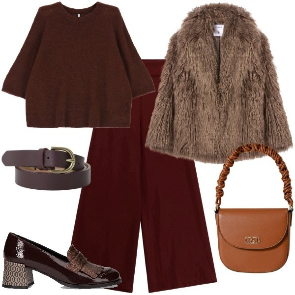 Outfit donna - Total brown cittadino. Stile Trendy per Tutti i giorni. Abbinamento con ecopellicce, pantaloni a palazzo, borse a mano, maglieria, cinture, mocassini.