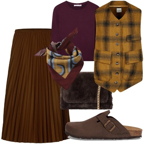 Outfit donna - Total brown in comodità. Stile Trendy per Tutti i giorni. Abbinamento con t-shirt, borse a tracolla, foulard, gonne longuette, gilet, sabot.