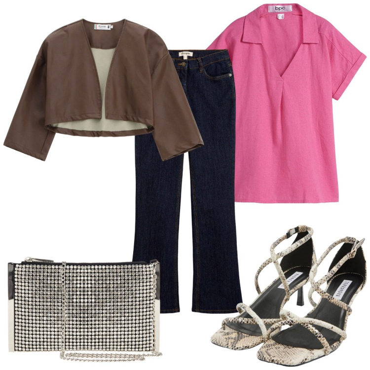 Outfit donna - Serata con le amiche: casual chic. Stile Casual chic per Serata fuori. Abbinamento con jeans bootcut, bluse, sandali col tacco, giacche, pochette.