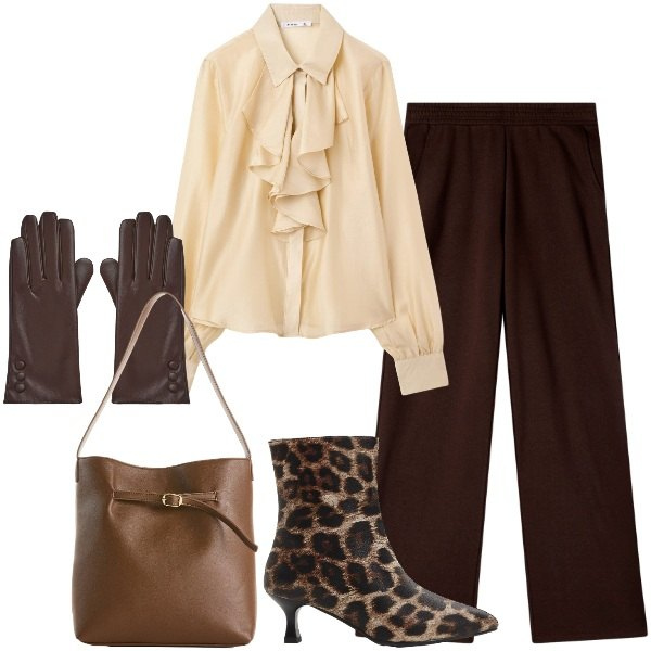 Outfit donna - Brown cittadino. Stile Chic per Ufficio. Abbinamento con borse a mano, stivaletti, camicie, pantaloni, guanti.