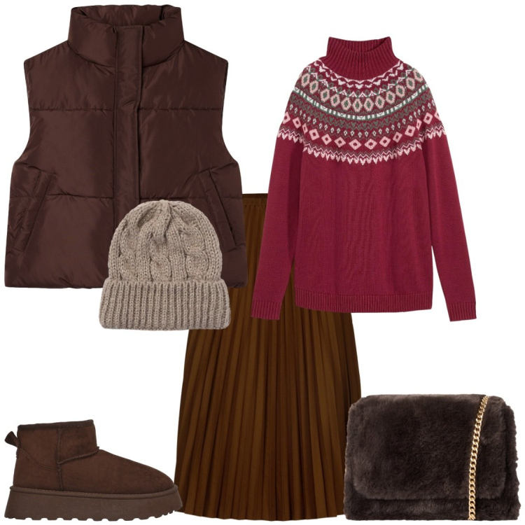 Outfit donna - Autunno. Stile Romantica per Tutti i giorni. Abbinamento con maglieria, stivaletti, piumini, borse a tracolla, berretti, gonne longuette.