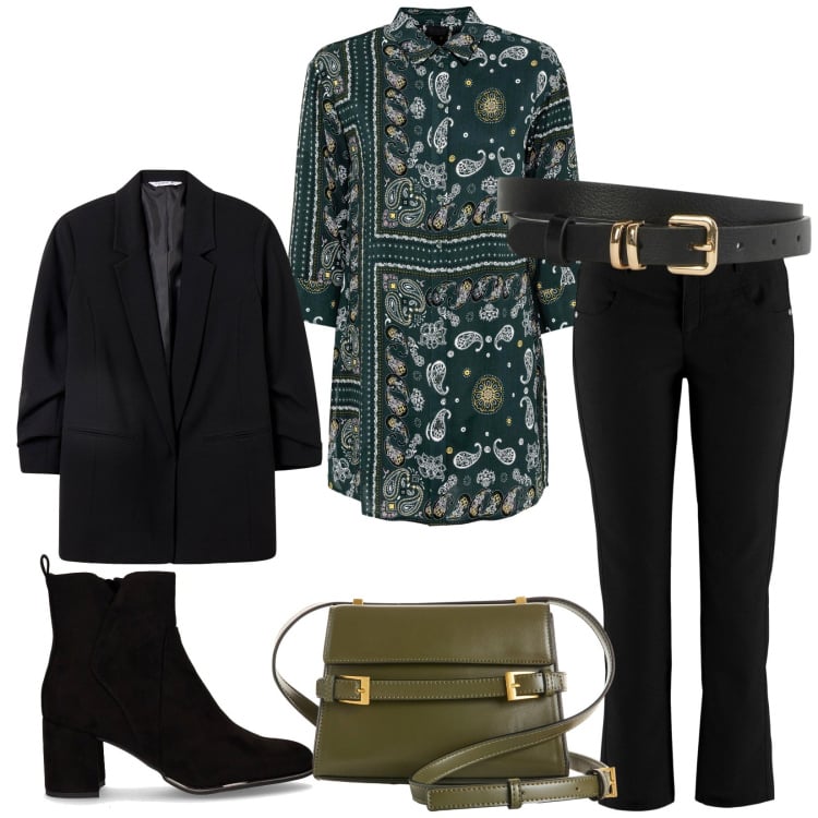 Outfit donna - Total look #2265892. Stile Casual chic per Tutti i giorni. Abbinamento con pantaloni, camicie, cinture, borse a tracolla, blazer, stivaletti.