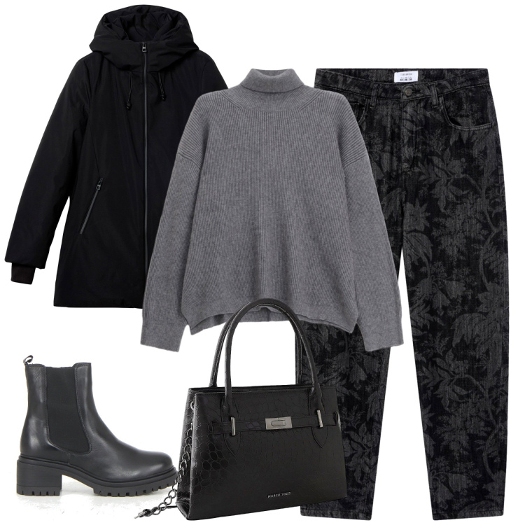 Outfit donna - Ottobre. Stile Casual chic per Tutti i giorni. Abbinamento con borse a mano, jeans, parka, maglieria, stivaletti chelsea.
