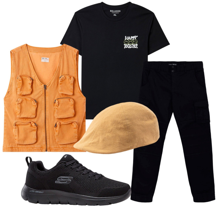 Outfit uomo - Total look #2265895. Stile Casual per Tutti i giorni. Abbinamento con sneakers, pantaloni cargo, gilet, t-shirt, cappelli con visiera.