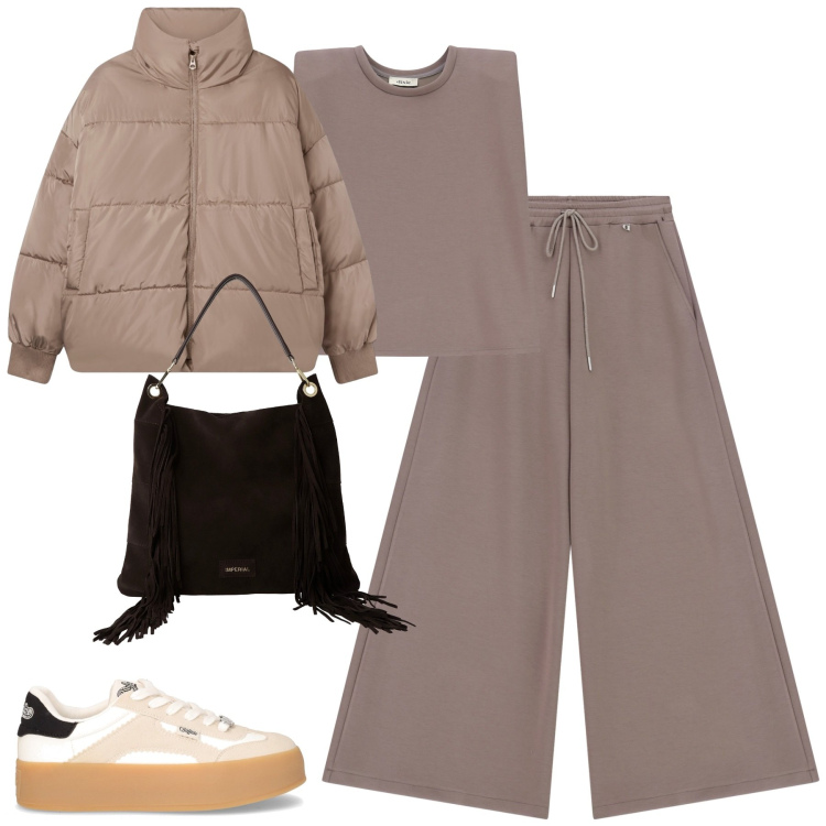 Outfit donna - Dixie. Stile Casual per Tutti i giorni. Abbinamento con bomber, borse a spalla, pantaloni a palazzo, top, sneakers.