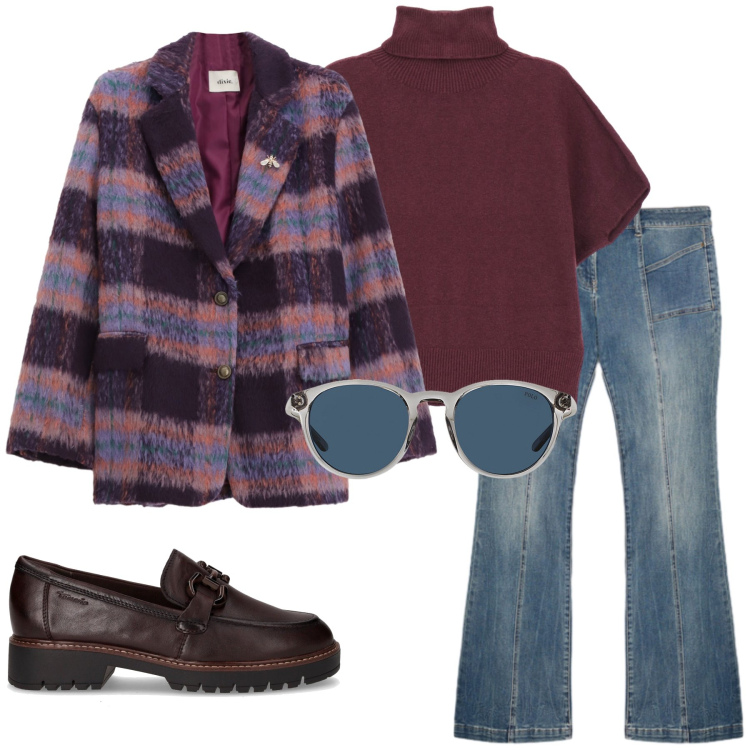 Outfit donna - di tendenza, sempre!. Stile Glamour per Tutti i giorni. Abbinamento con maglieria, blazer, occhiali da sole, jeans, mocassini.