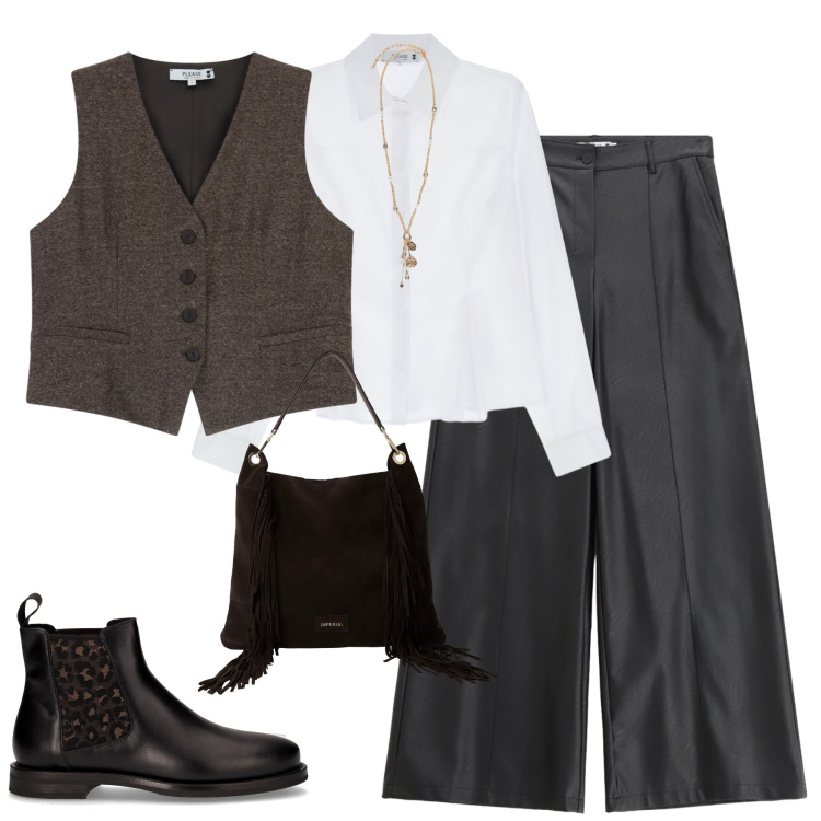 Outfit donna - City. Stile Trendy per Tutti i giorni. Abbinamento con pantaloni, gilet, camicie, borse a spalla, stivaletti chelsea, ciondoli.