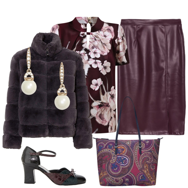Outfit donna - Sempre bello ritrovarsi!. Stile Glamour per Serata fuori. Abbinamento con ecopellicce, décolleté, bluse, borse tote, orecchini, gonne longuette.
