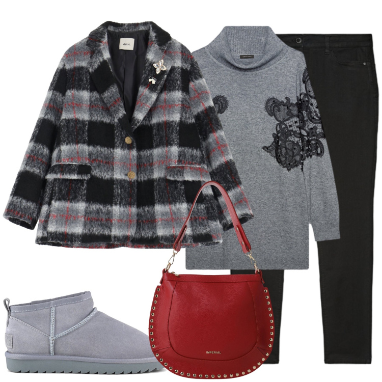 Outfit donna - Quel tocco di rosso per non passare inos. Stile Glamour per Tutti i giorni. Abbinamento con blazer, borse a spalla, stivali, maglieria, jeans skinny.