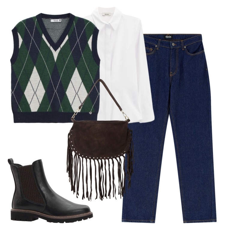 Outfit donna - I rombi trendy. Stile Casual chic per Tutti i giorni. Abbinamento con stivaletti chelsea, gilet, camicie, borse a tracolla, jeans dritti.