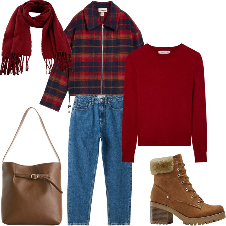 Outfit donna - Cadono le foglie. Stile Trendy per Tutti i giorni. Abbinamento con blazer, stivaletti, sciarpe, borse a mano, maglieria, jeans mom.