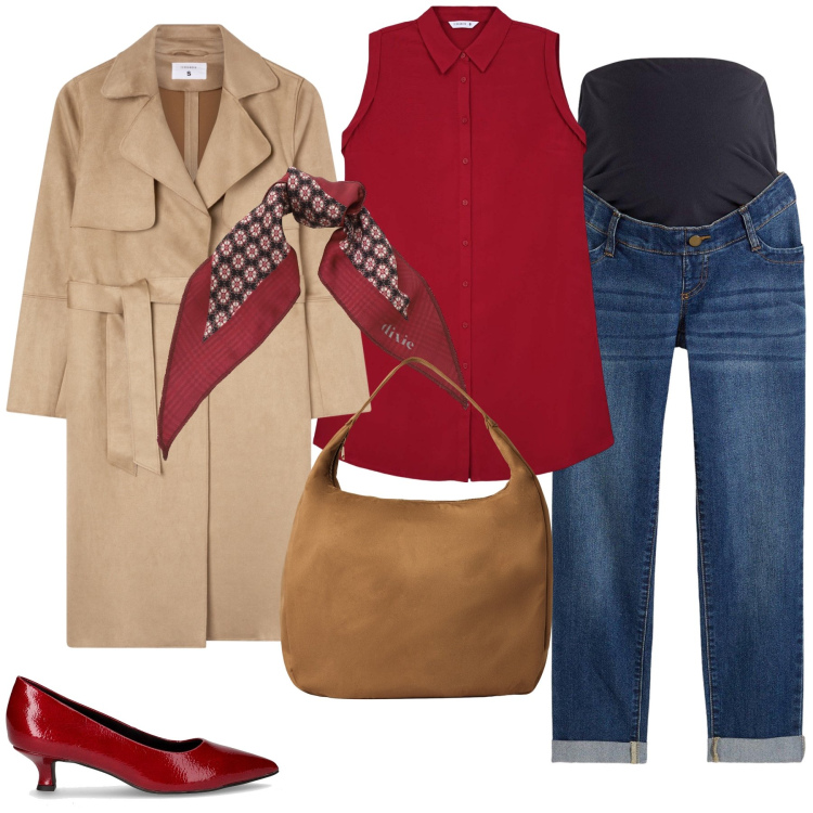 Outfit donna - Una glamour dolce attesa. Stile Trendy per Serata fuori. Abbinamento con jeans, camicie a manica corta, borse a mano, trench, foulard, décolleté.