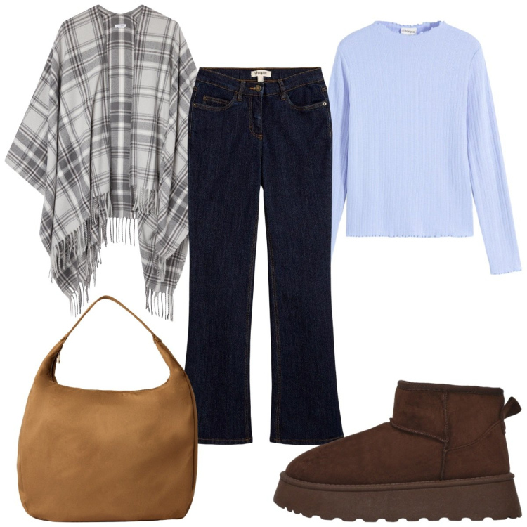 Outfit donna - Serata tra amiche con la mantella. Stile Trendy per Tutti i giorni. Abbinamento con jeans bootcut, maglieria, borse a mano, cappotti, stivaletti.