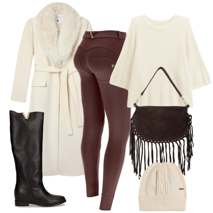 Outfit donna - Sporty chic. Stile Sporty chic per Tutti i giorni. Abbinamento con cappotti, maglieria, pantaloni skinny, berretti, borse a tracolla, stivali.