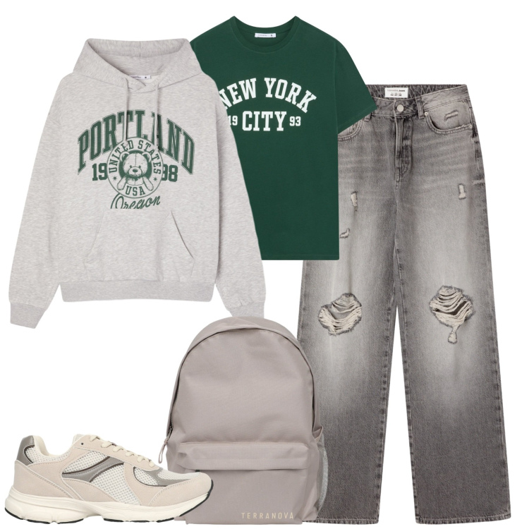 Outfit donna - Ottobre. Stile Casual per Tutti i giorni. Abbinamento con jeans strappati, felpe con cappuccio, zaini, sneakers, t-shirt.