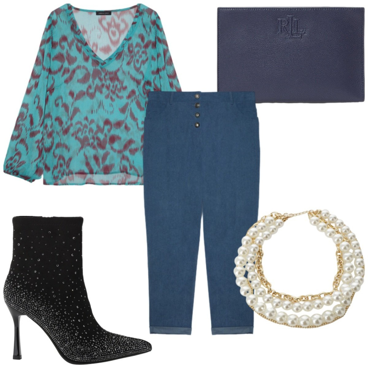Outfit donna - Serata fra amiche in blu. Stile Trendy per Serata fuori. Abbinamento con stivaletti, collane, pochette, pantaloni, bluse.
