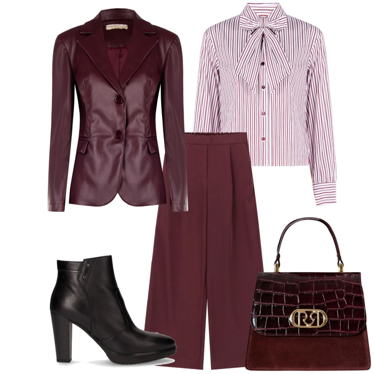 Outfit donna - Total look #2265920. Stile Bon Ton per Ufficio. Abbinamento con camicie, borse a mano, blazer, pantaloni a palazzo, stivaletti.