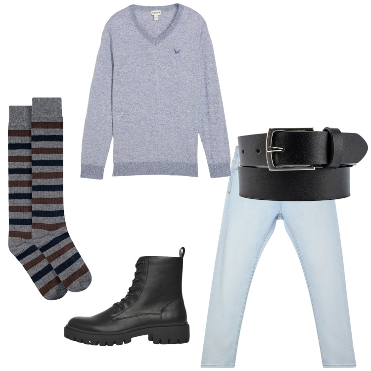 Outfit uomo - Total look #2265921. Stile Casual per Tutti i giorni. Abbinamento con maglieria, jeans skinny, anfibi, calzini, cinture.