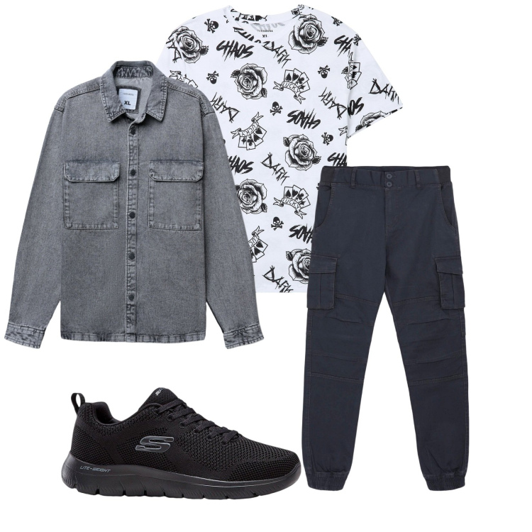 Outfit uomo - Total look #2265922. Stile Casual per Tutti i giorni. Abbinamento con sneakers, t-shirt, pantaloni cargo, cappotti.