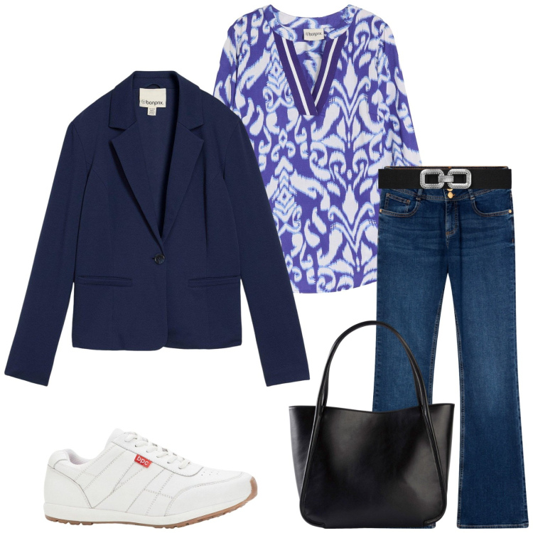 Outfit donna - Total look #2265924. Stile Casual per Tutti i giorni. Abbinamento con sneakers, shopping bag, blazer, tuniche, cinture, jeans a zampa.