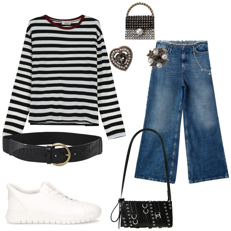 Outfit donna - Pomeriggio al lago. Stile Casual per Mare. Abbinamento con jeans dritti, cinture, t-shirt, borse a spalla, accessori per capelli, sneakers.