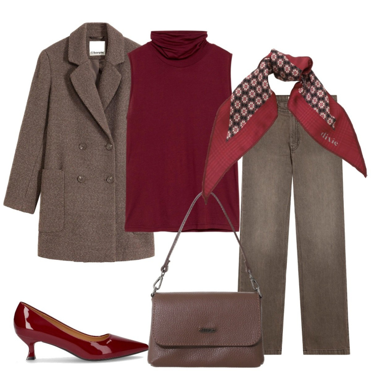 Outfit donna - Rosso. Stile Casual chic per Tutti i giorni. Abbinamento con top, cappotti, jeans bootcut, foulard, borse a tracolla, décolleté.