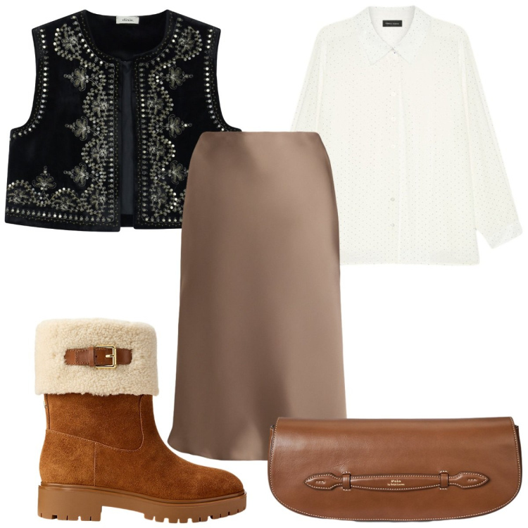 Outfit donna - Serata tra amiche boho. Stile Boho per Serata fuori. Abbinamento con gilet, gonne, clutch, stivaletti, camicie.