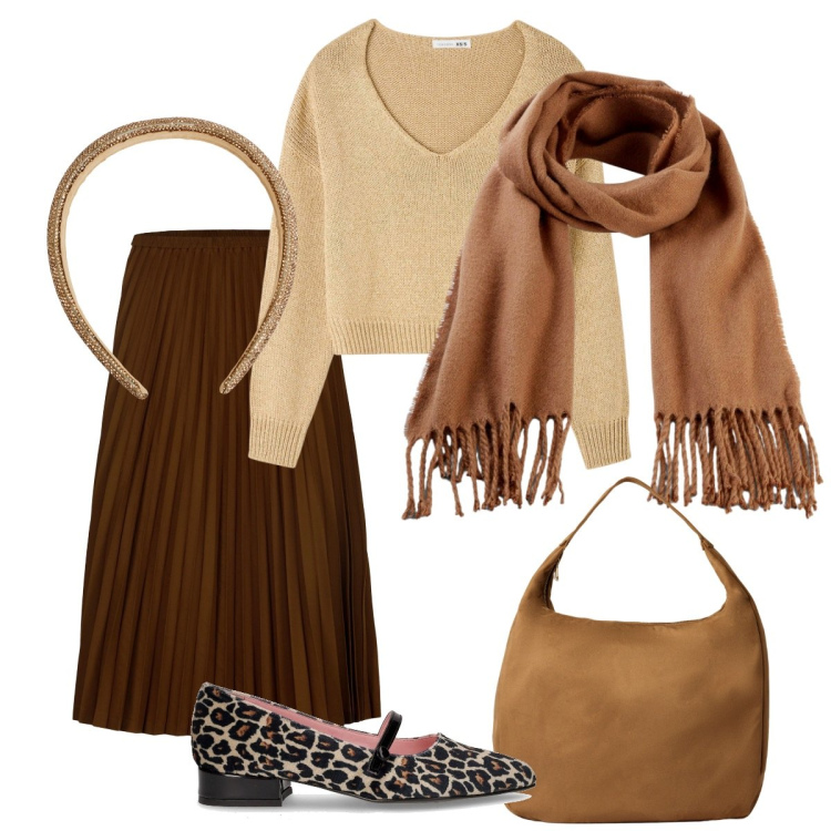 Outfit donna - Beige e Safari. Stile Basic per Serata fuori. Abbinamento con sciarpe, maglieria, cerchietti, borse a mano, gonne longuette, ballerine.