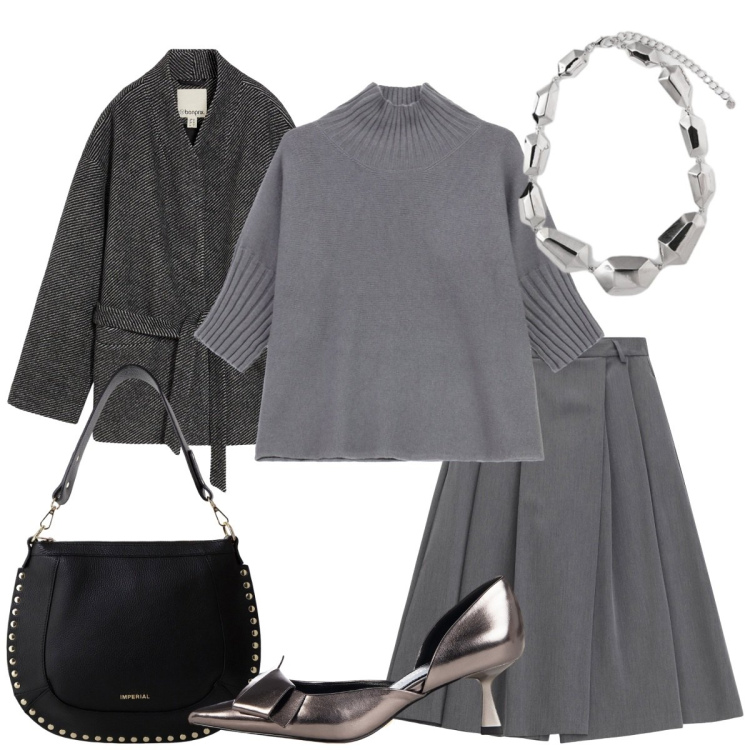 Outfit donna - Tutto un grigio. Stile Basic per Serata fuori. Abbinamento con blazer, décolleté, maglieria, pantaloni, borse a spalla, ciondoli.
