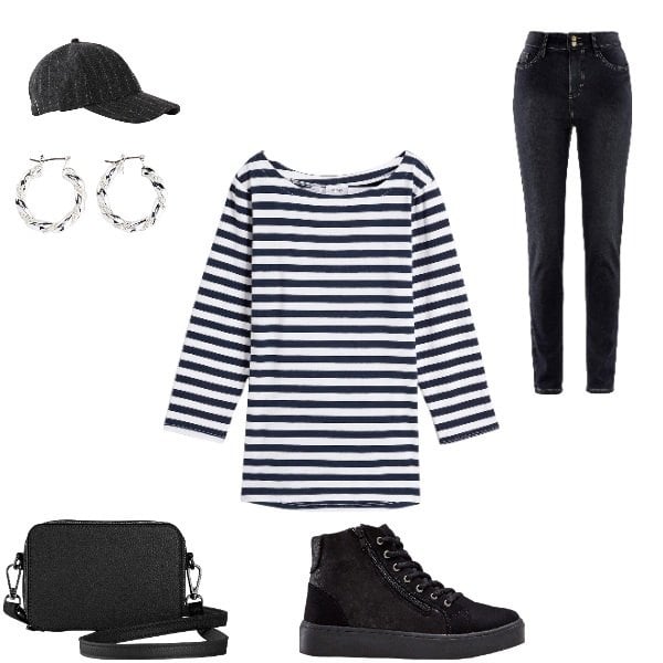 Outfit donna - Neutral. Stile Basic per Tutti i giorni. Abbinamento con maglieria, sneakers alte, borse a tracolla, jeans, orecchini, cappelli con visiera.