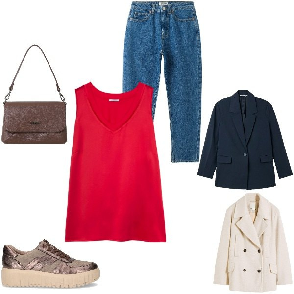 Outfit donna - Fall. Stile Boho per Ufficio. Abbinamento con caban, top, borse a tracolla, jeans mom, blazer, sneakers.