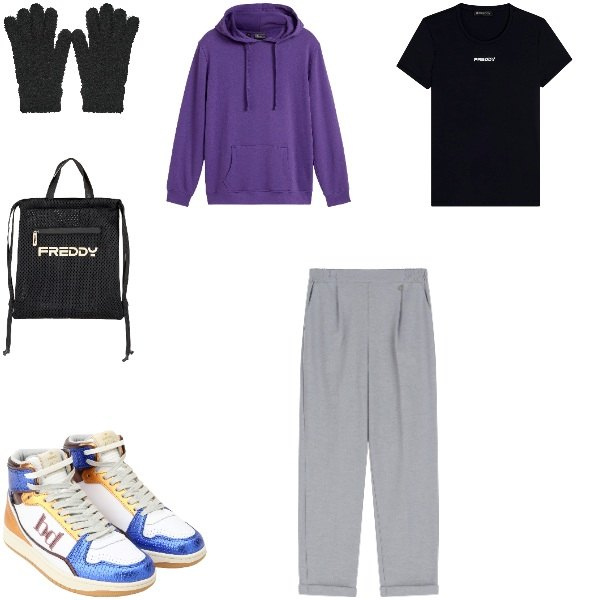 Outfit donna - Passeggiata. Stile Casual per Sport. Abbinamento con felpe con cappuccio, sneakers alte, pantaloni, zaini, t-shirt, guanti.