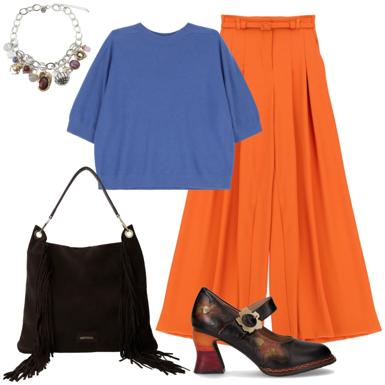 Outfit donna - Arancione!. Stile Casual chic per Tutti i giorni. Abbinamento con pantaloni a palazzo, borse a spalla, maglieria, braccialetti con ciondoli, décolleté.