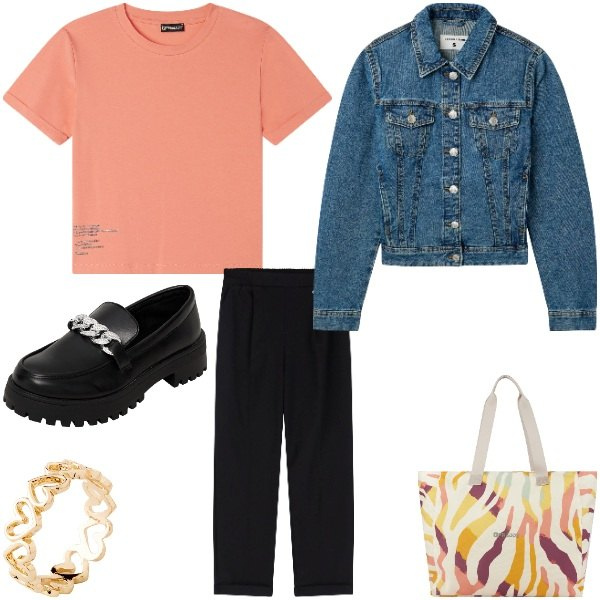 Outfit donna - Orange. Stile Casual chic per Scuola/Università. Abbinamento con anelli, blazer, mocassini, shopping bag, t-shirt, pantaloni.