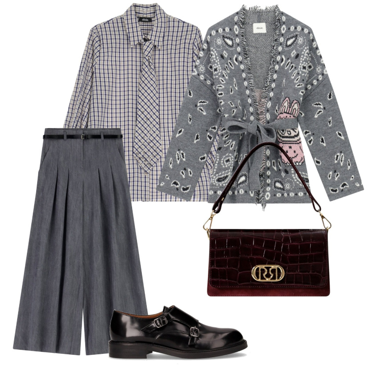 Outfit donna - Camicia cravatta. per Ufficio. Abbinamento con borse a mano, cardigans, camicie, pantaloni a palazzo, mocassini.