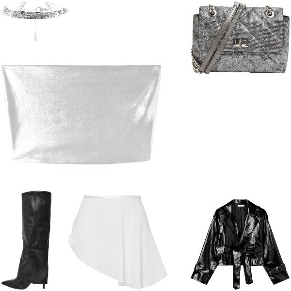 Outfit donna - Serata. Stile Chic per Serata fuori. Abbinamento con minigonne, braccialetti, top, stivali, giacche, borse a tracolla.