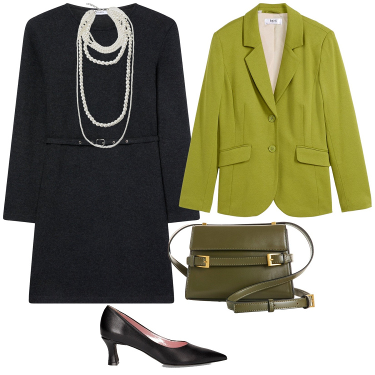 Outfit donna - In cioccolateria. per Serata fuori. Abbinamento con blazer, borse a tracolla, vestiti midi/longuette, collane, décolleté.