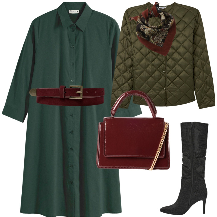 Outfit donna - Colori d\'autunno. per Tutti i giorni. Abbinamento con vestiti chemisier, piumini, borse a tracolla, stivali, foulard, cinture.