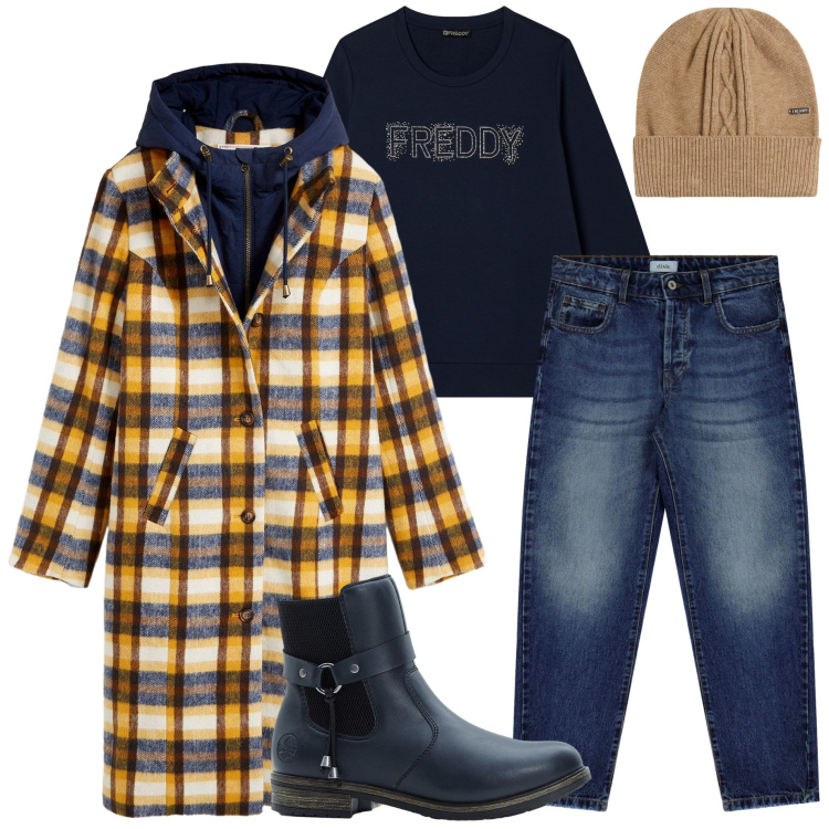Outfit donna - Serata casual con le amiche. Stile Casual per Serata fuori. Abbinamento con cappotti, stivaletti chelsea, jeans, felpe, berretti.