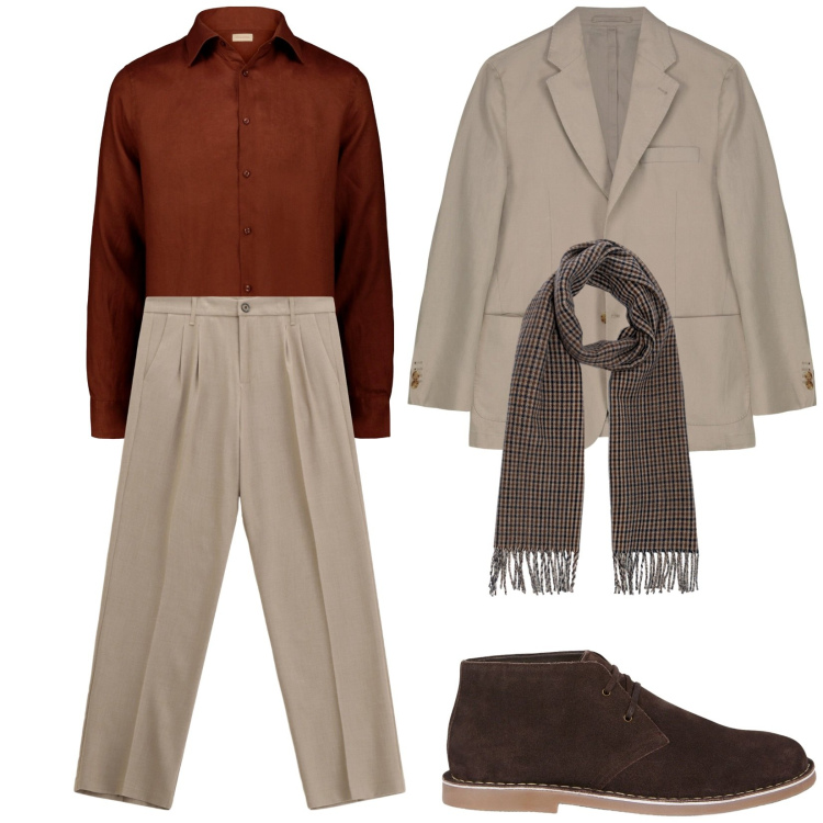 Outfit uomo - Camel. Stile Trendy per Serata speciale. Abbinamento con pantaloni, giacche, camicie, stivali e stivaletti, sciarpe.