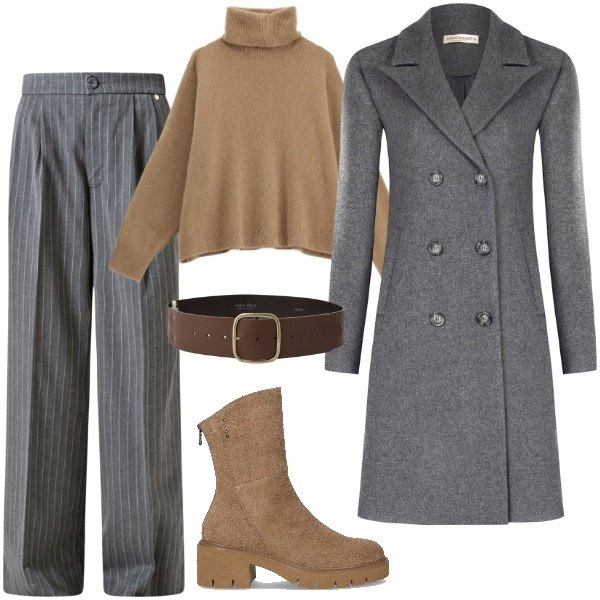 Outfit donna - Grigio e cammello. Stile Chic per Tutti i giorni. Abbinamento con cinture, pantaloni, cappotti, maglieria, stivaletti.