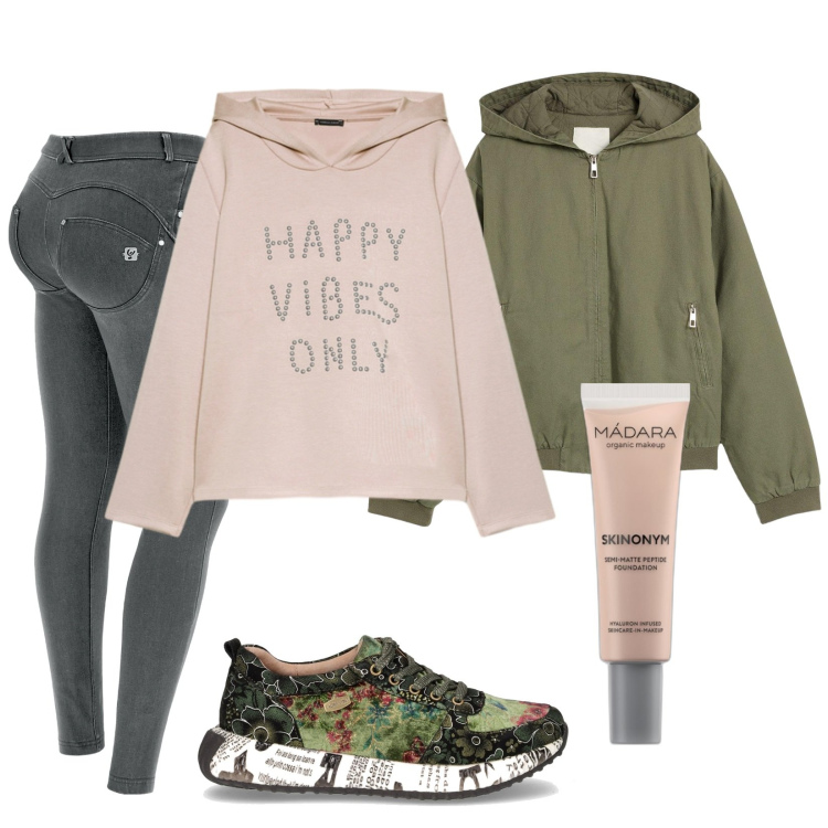 Outfit donna - Happy vibes. Stile Urban per Tutti i giorni. Abbinamento con blazer, fondotinta, jeans skinny, felpe con cappuccio, sneakers.