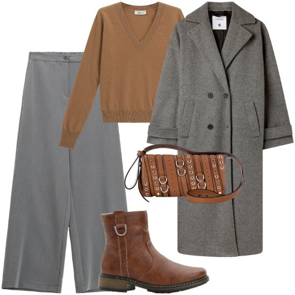 Outfit donna - Grigio e cammello. Stile Trendy per Tutti i giorni. Abbinamento con stivaletti, cappotti, maglieria, borse a spalla, pantaloni a palazzo.