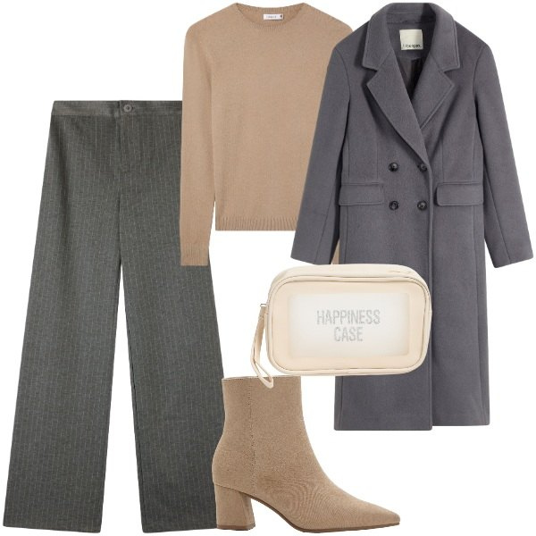 Outfit donna - Grigio e cammello. Stile Chic per Tutti i giorni. Abbinamento con cappotti, stivaletti, maglieria, pantaloni, valigie.