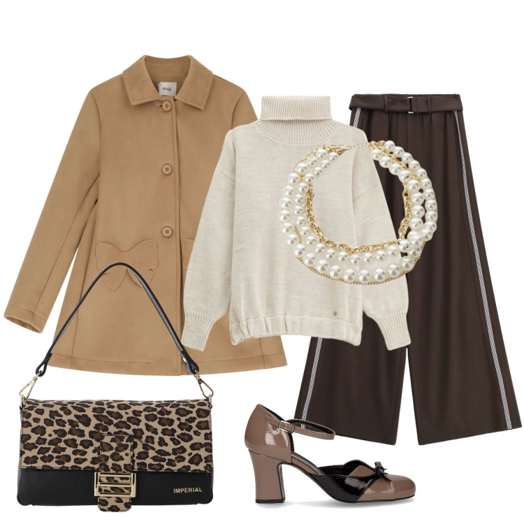 Outfit donna - Serata in città. Stile Chic per Serata fuori. Abbinamento con maglieria, pantaloni a palazzo, borse a spalla, cappotti, collane, décolleté.