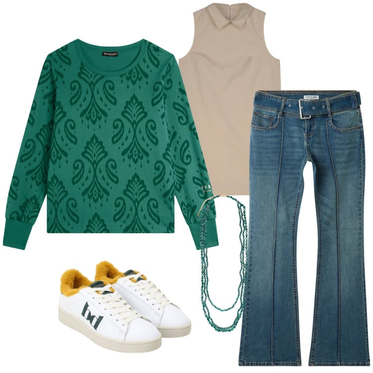 Outfit donna - Green lover. Stile Basic per Tutti i giorni. Abbinamento con jeans a zampa, sneakers, felpe, vestiti a tubino, collane.