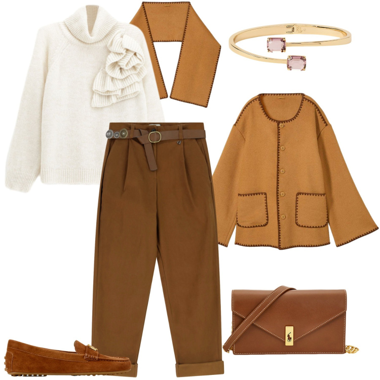 Outfit donna - La giacca in lana. Stile Chic per Ufficio. Abbinamento con blazer, maglieria, pantaloni, mocassini, clutch, braccialetti.
