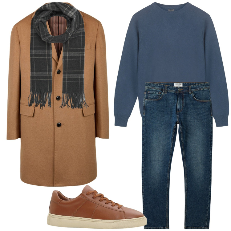 Outfit uomo - Affascinante e discreto. Stile Trendy per Ufficio. Abbinamento con sneakers, jeans, sciarpe, maglieria, cappotti.