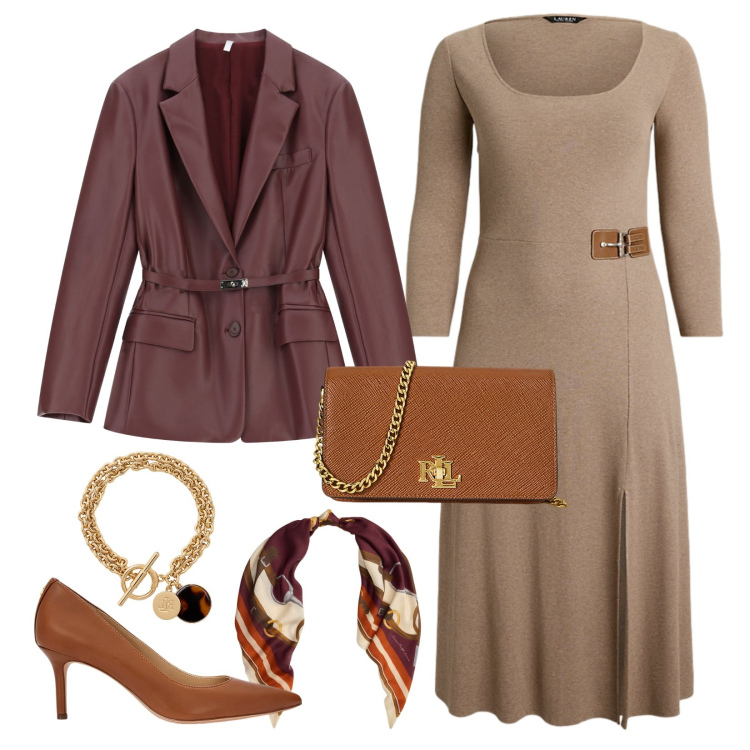 Outfit donna - Con le amiche!. Stile Chic per Serata fuori. Abbinamento con blazer, vestiti, braccialetti con ciondoli, décolleté, borse a tracolla, foulard.